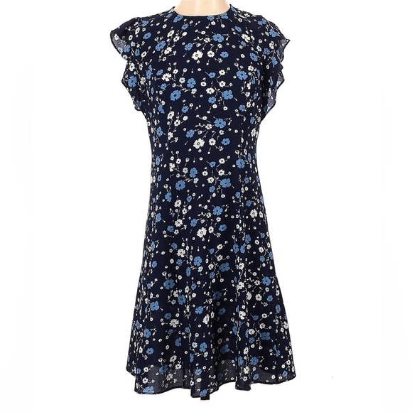 Michael Michael Kors Blue Florals Short Sleeve Silhouette Ruffle Dress small - Picture 1 of 5